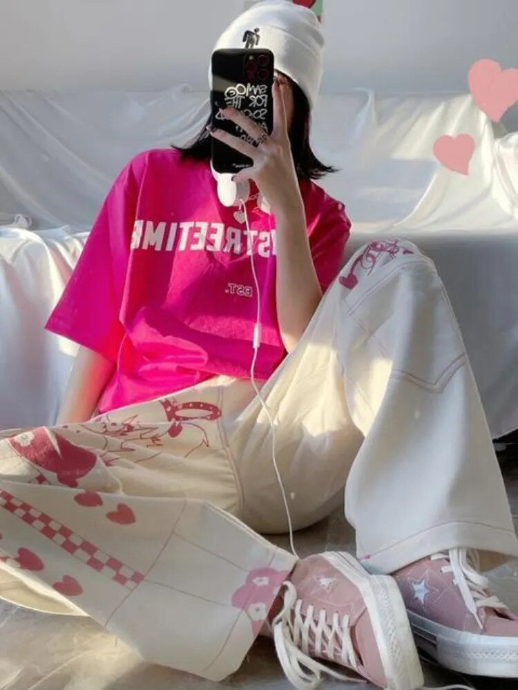 Pink Anime Print Baggy Pants