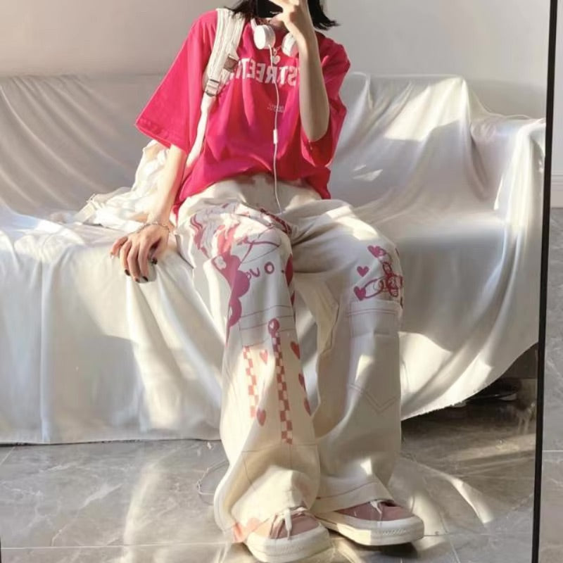 Pink Anime Print Baggy Pants