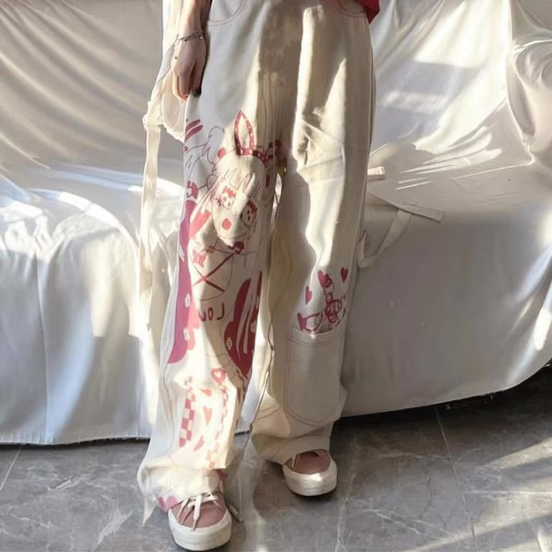 Pink Anime Print Baggy Pants