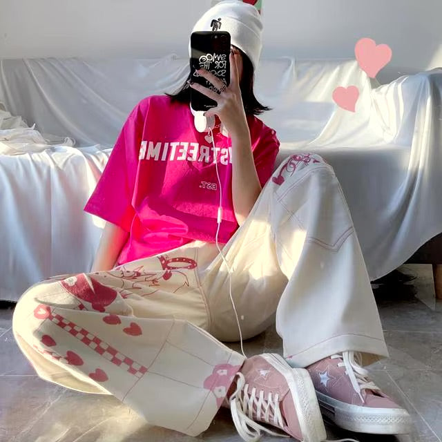 Pink Anime Print Baggy Pants