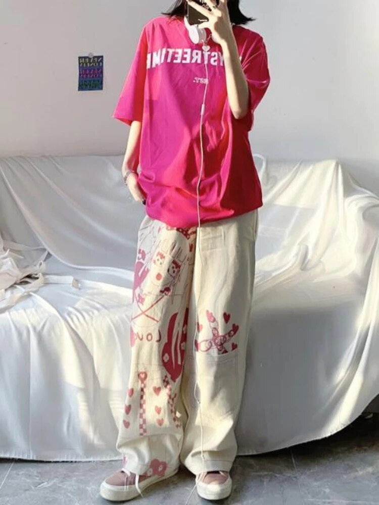 Pink Anime Print Baggy Pants