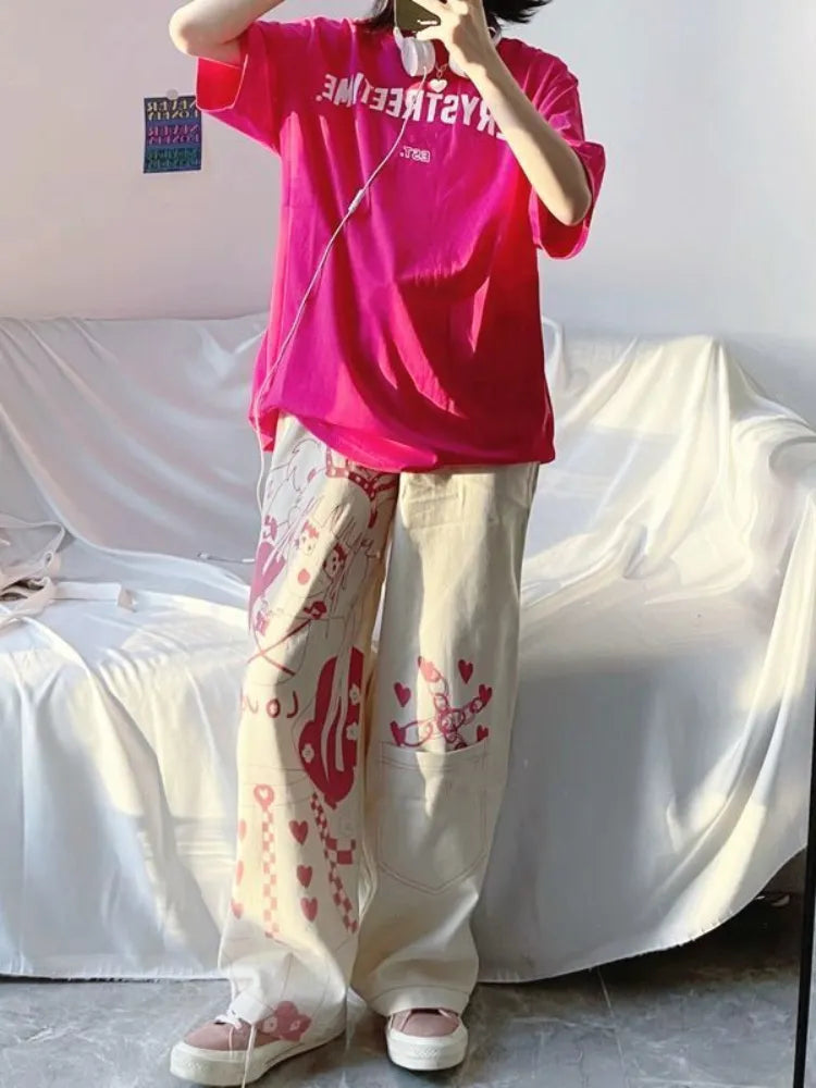 Pink Anime Print Baggy Pants